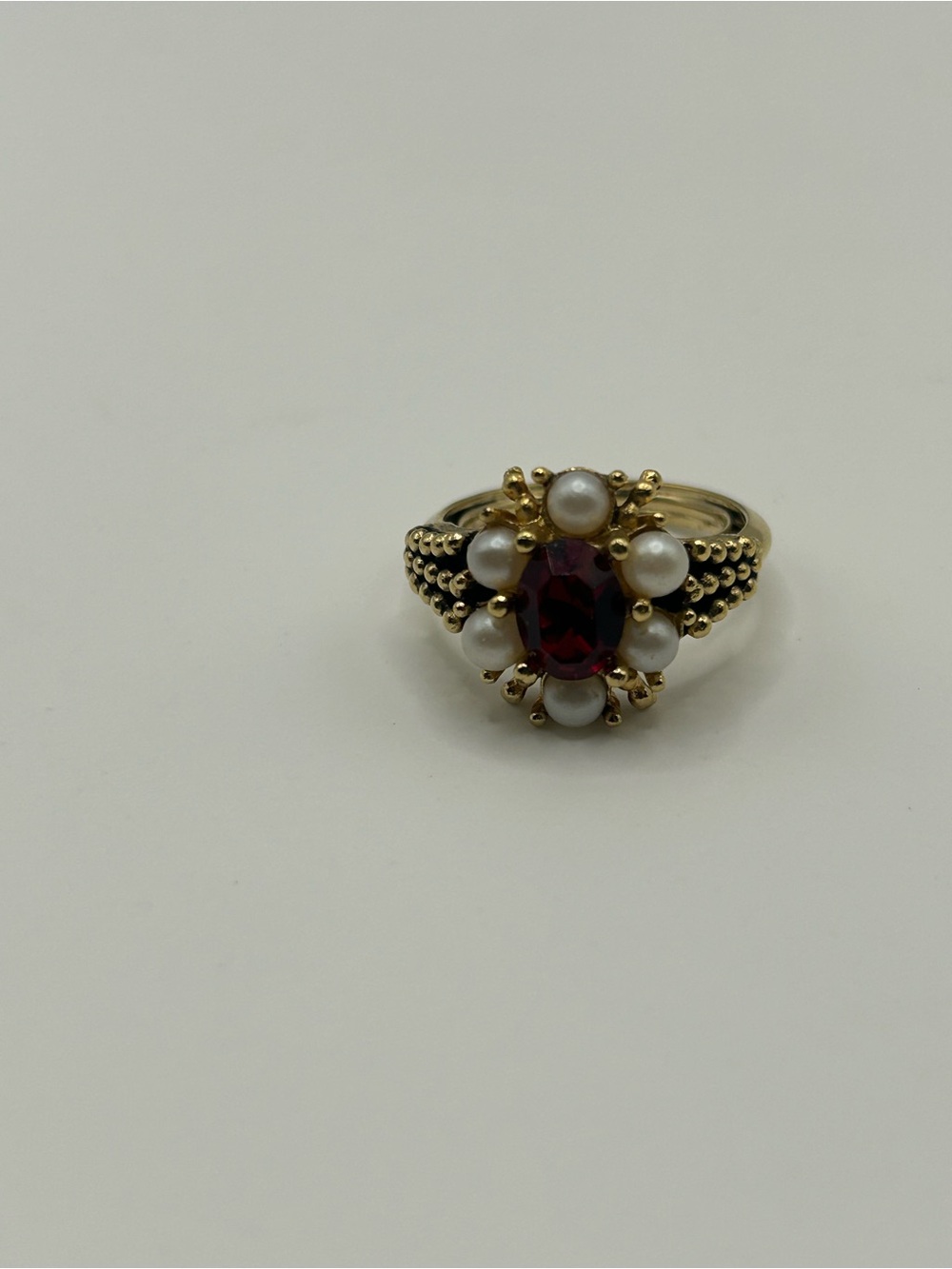 Vintage Avon Ring Red Garnet Center and Pearl Halo